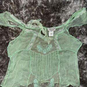 Guess Sheer Green Lace Top beaded vintage